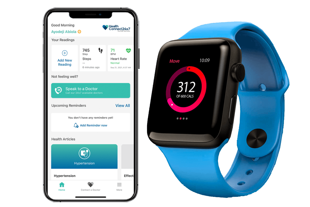 App on phone and smartwatch showing health readings